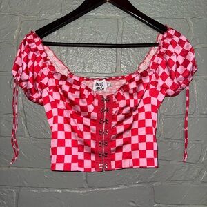 Princess Polly Red and Pink Puff Sleeve Crop Blouse